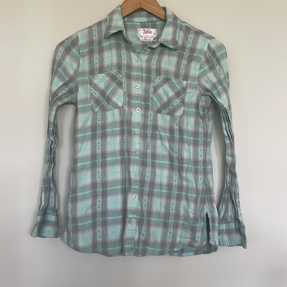 Justice Plaid Cotton Button Front Shirt Sz 14